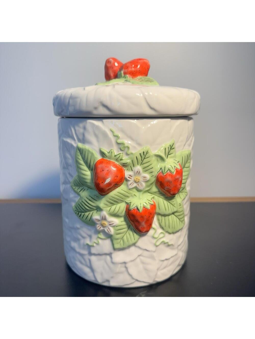 Vintage Sears Roebuck and Co Medium 8in H Ceramic Strawberry Canister w Lid 1981